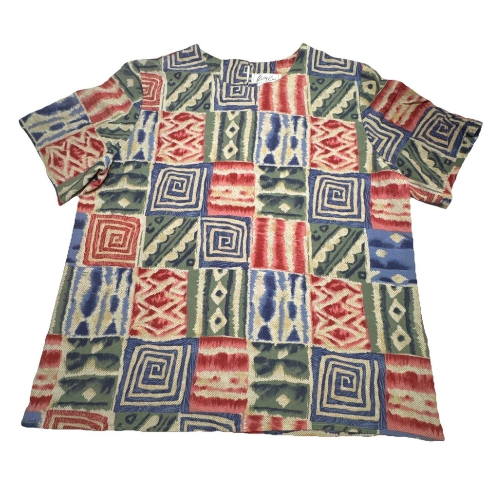 Vintage Cathy‎ Lee Geometric Patchwork Print Blouse Short Sleeve Multi Color L